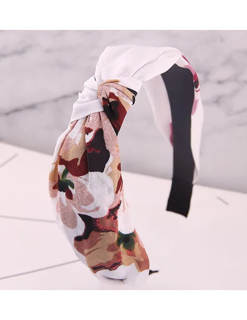 H389 White Floral Fabric Covered Head Band 02 Rings