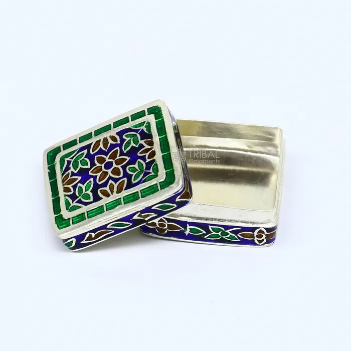 Handmade Enamel work 925 sterling silver trinket box casket box container Sindoor box vintage design enamel brides jewelry stb776 TRIBAL ORNAMENTS Rings Handmade Enamel work 925 sterling silver trinket box casket box container Sindoor box vintage design enamel brides jewelry stb776 TRIBAL ORNAMENTS Rings
