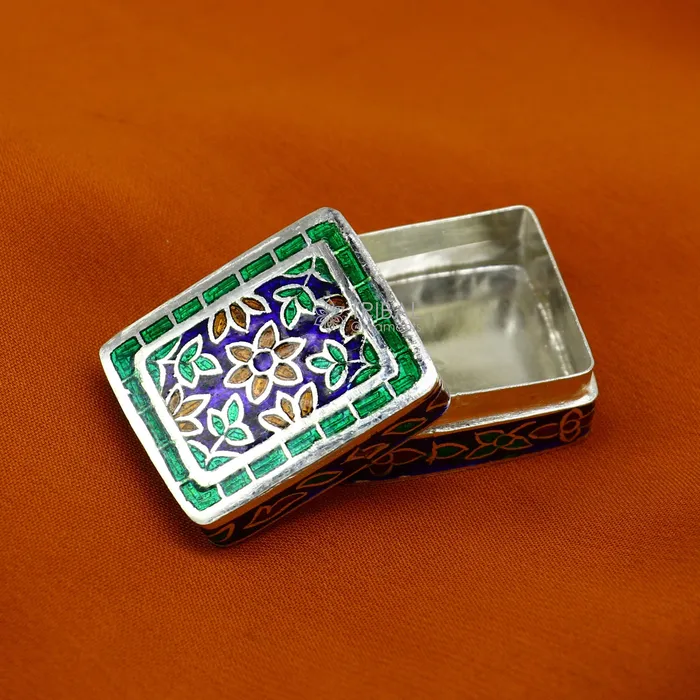 Handmade Enamel work 925 sterling silver trinket box casket box container Sindoor box vintage design enamel brides jewelry stb776 TRIBAL ORNAMENTS Rings Handmade Enamel work 925 sterling silver trinket box casket box container Sindoor box vintage design enamel brides jewelry stb776 TRIBAL ORNAMENTS Rings