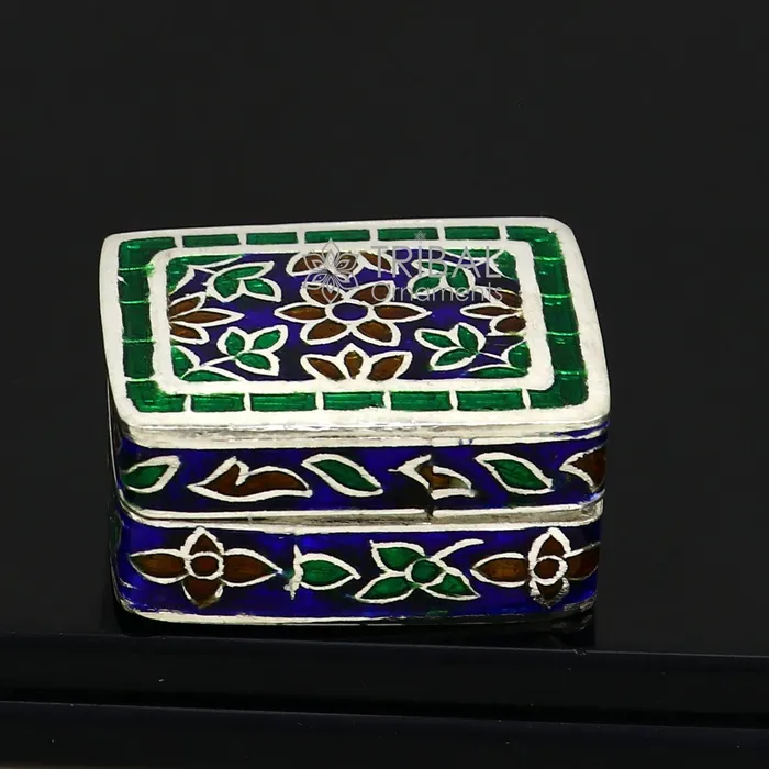 Handmade Enamel work 925 sterling silver trinket box casket box container Sindoor box vintage design enamel brides jewelry stb776 TRIBAL ORNAMENTS Rings Handmade Enamel work 925 sterling silver trinket box casket box container Sindoor box vintage design enamel brides jewelry stb776 TRIBAL ORNAMENTS Rings