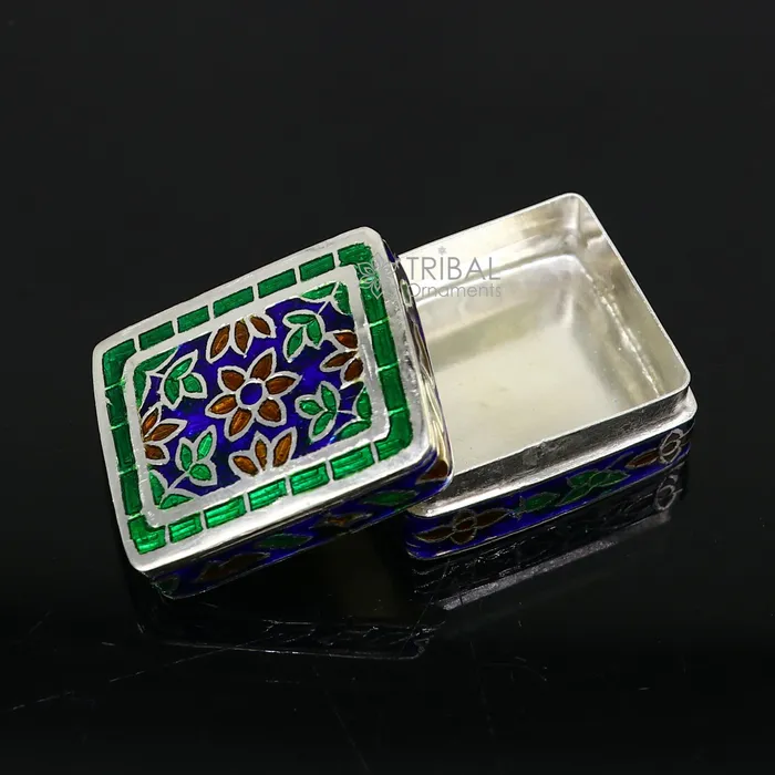 Handmade Enamel work 925 sterling silver trinket box casket box container Sindoor box vintage design enamel brides jewelry stb776 TRIBAL ORNAMENTS Rings Handmade Enamel work 925 sterling silver trinket box casket box container Sindoor box vintage design enamel brides jewelry stb776 TRIBAL ORNAMENTS Rings