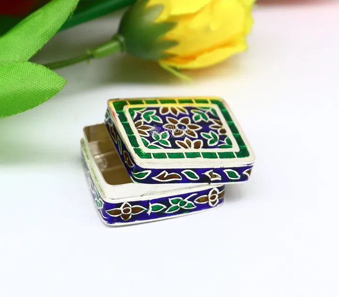 Handmade Enamel work 925 sterling silver trinket box casket box container Sindoor box vintage design enamel brides jewelry stb776 TRIBAL ORNAMENTS Rings Handmade Enamel work 925 sterling silver trinket box casket box container Sindoor box vintage design enamel brides jewelry stb776 TRIBAL ORNAMENTS Rings