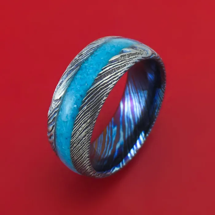 KuroTi Twisted Titanium Etched and HeatTreated Ring with Stone Inlay Custom Made Band Lashbrook Rings KuroTi Twisted Titanium Etched and HeatTreated Ring with Stone Inlay Custom Made Band Lashbrook Rings