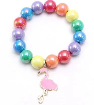 L282 Multi Color Pearlized Beads Flamingo Charm Bracelet polly Bracelets
