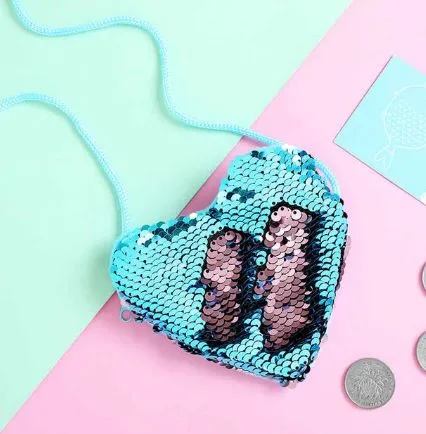L358 Cute Blue Pink Sequined Heart Coin Purse POLLY Rings