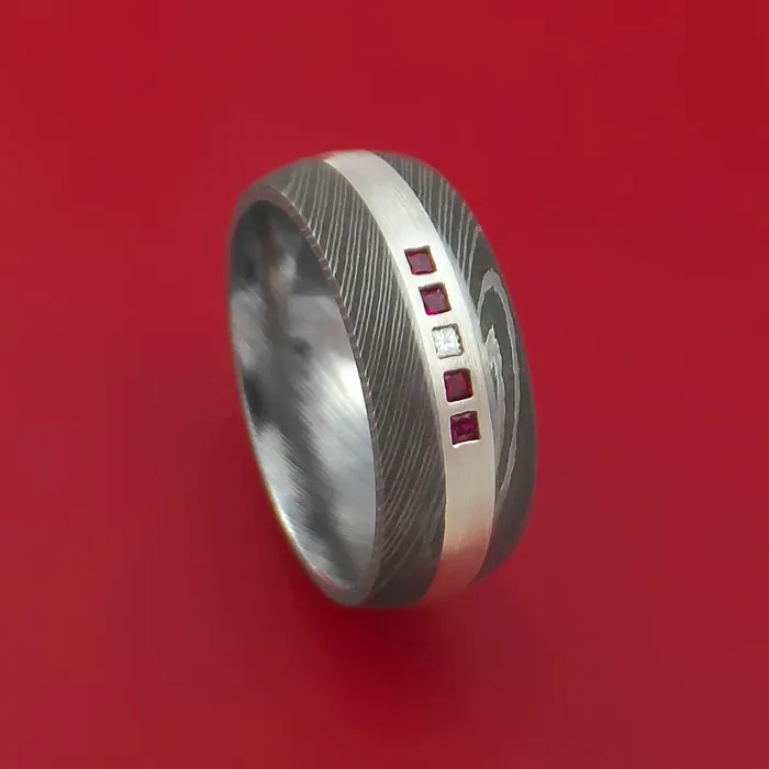 Lashbrook Damascus Steel Band with 4 Rubies and Diamond Set into a Silver Inlay Custom Made Ring Rings Lashbrook Damascus Steel Band with 4 Rubies and Diamond Set into a Silver Inlay Custom Made Ring Rings
