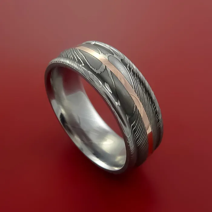 Lashbrook Damascus Steel Ring with 14k Rose Gold Inlay Custom Made Band Rings Lashbrook Damascus Steel Ring with 14k Rose Gold Inlay Custom Made Band Rings
