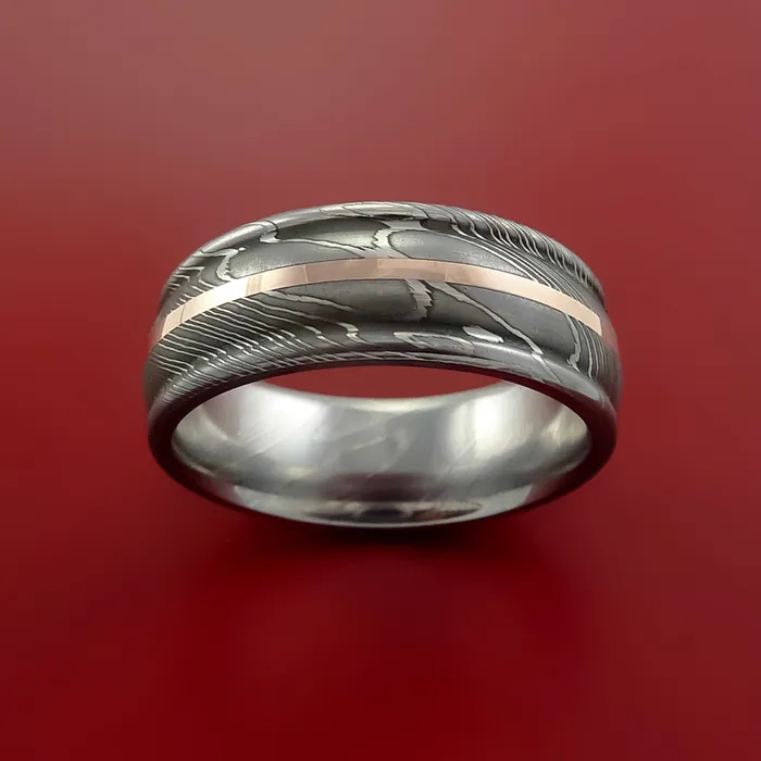 Lashbrook Damascus Steel Ring with 14k Rose Gold Inlay Custom Made Band Rings Lashbrook Damascus Steel Ring with 14k Rose Gold Inlay Custom Made Band Rings