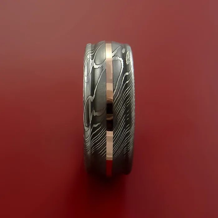 Lashbrook Damascus Steel Ring with 14k Rose Gold Inlay Custom Made Band Rings Lashbrook Damascus Steel Ring with 14k Rose Gold Inlay Custom Made Band Rings