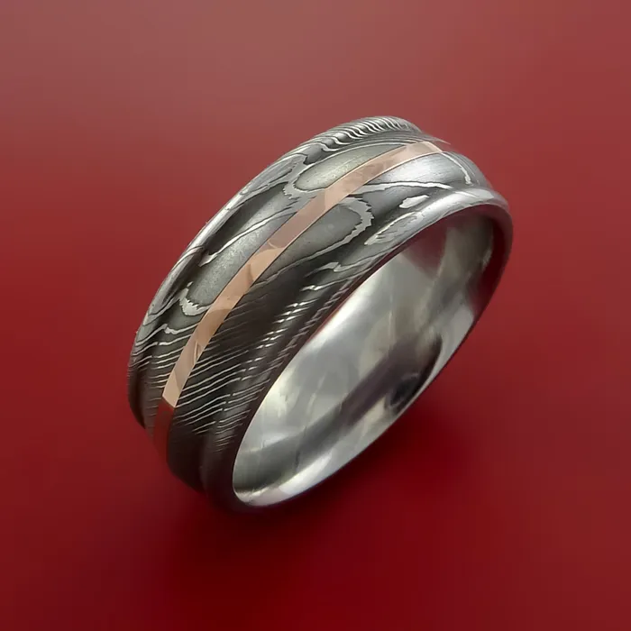 Lashbrook Damascus Steel Ring with 14k Rose Gold Inlay Custom Made Band Rings Lashbrook Damascus Steel Ring with 14k Rose Gold Inlay Custom Made Band Rings
