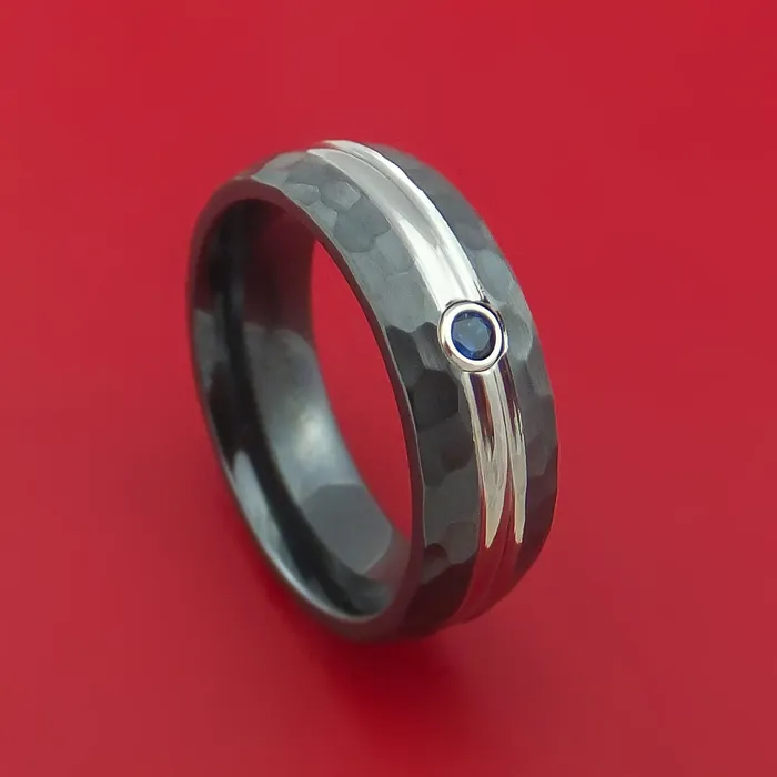 Lashbrook Hammered Black Zirconium Ring with Domed Groove Inlay and Blue Sapphire Custom Made Band Rings Lashbrook Hammered Black Zirconium Ring with Domed Groove Inlay and Blue Sapphire Custom Made Band Rings