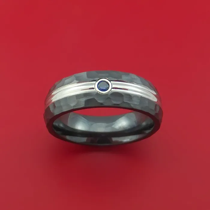 Lashbrook Hammered Black Zirconium Ring with Domed Groove Inlay and Blue Sapphire Custom Made Band Rings Lashbrook Hammered Black Zirconium Ring with Domed Groove Inlay and Blue Sapphire Custom Made Band Rings