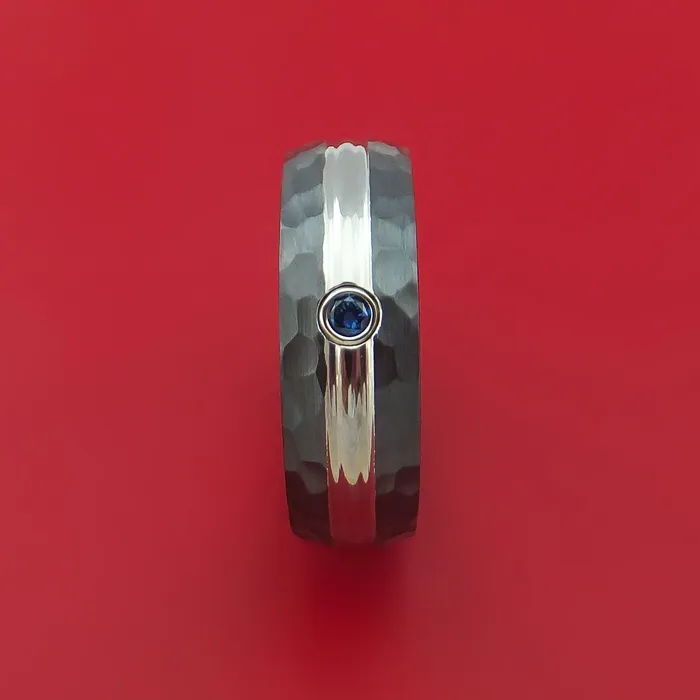 Lashbrook Hammered Black Zirconium Ring with Domed Groove Inlay and Blue Sapphire Custom Made Band Rings Lashbrook Hammered Black Zirconium Ring with Domed Groove Inlay and Blue Sapphire Custom Made Band Rings