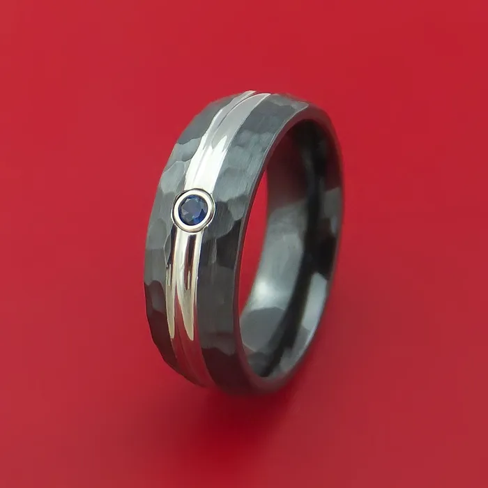 Lashbrook Hammered Black Zirconium Ring with Domed Groove Inlay and Blue Sapphire Custom Made Band Rings Lashbrook Hammered Black Zirconium Ring with Domed Groove Inlay and Blue Sapphire Custom Made Band Rings