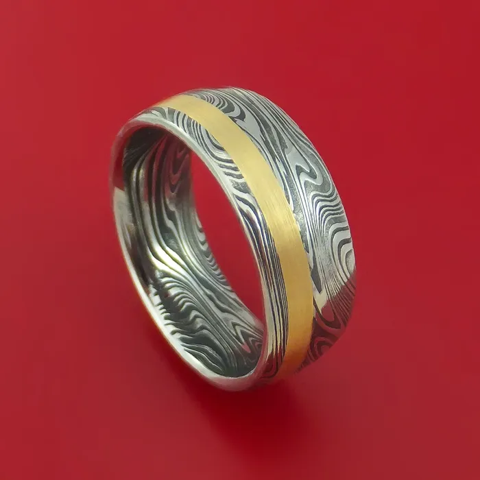 Lashbrook Marbled Kuro Damascus Steel Ring with 14k Yellow Gold Inlay Custom Made Band Rings