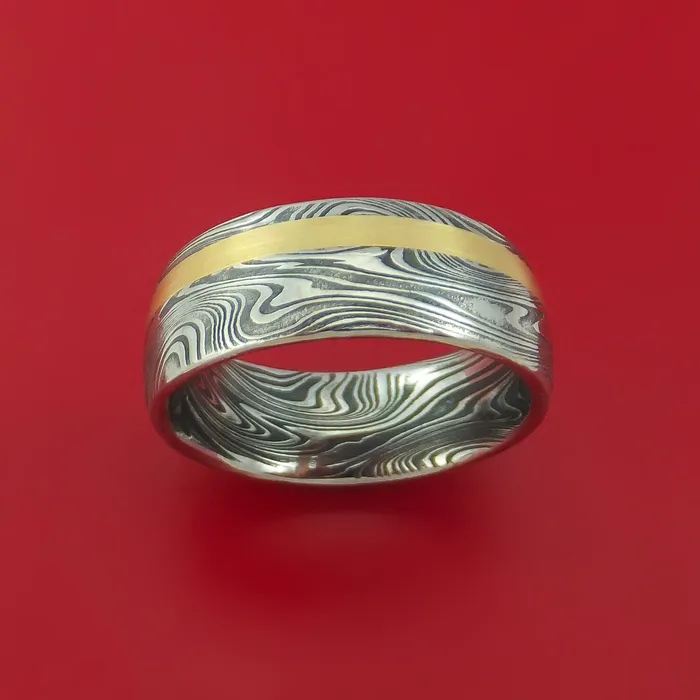 Lashbrook Marbled Kuro Damascus Steel Ring with 14k Yellow Gold Inlay Custom Made Band Rings Lashbrook Marbled Kuro Damascus Steel Ring with 14k Yellow Gold Inlay Custom Made Band Rings