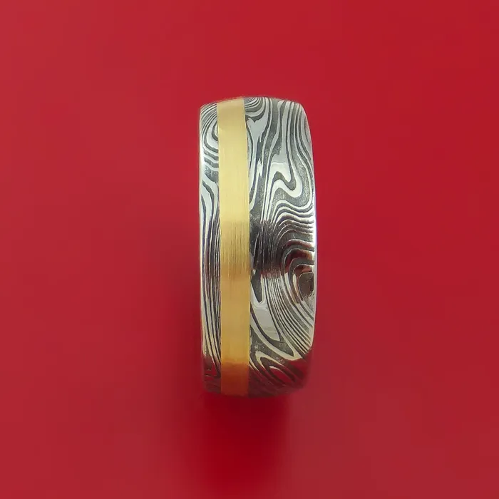 Lashbrook Marbled Kuro Damascus Steel Ring with 14k Yellow Gold Inlay Custom Made Band Rings Lashbrook Marbled Kuro Damascus Steel Ring with 14k Yellow Gold Inlay Custom Made Band Rings