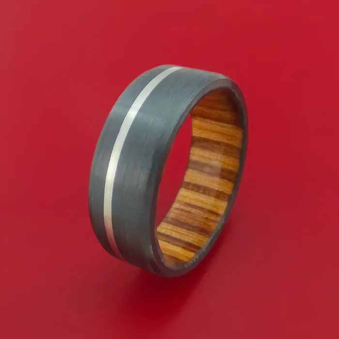 Lashbrook Rings Black Zirconium Ring with Platinum Inlay and Interior Hardwood Sleeve Custom Made Band Lashbrook Rings Black Zirconium Ring with Platinum Inlay and Interior Hardwood Sleeve Custom Made Band