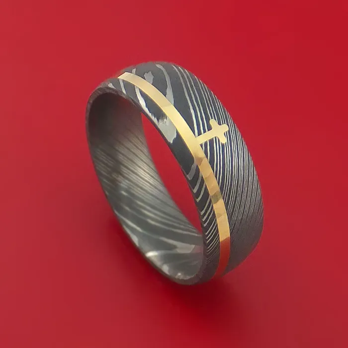 Lashbrook Rings Damascus Steel Ring with 14k Yellow Gold and 14k Yellow Gold Cross Inlays Custom Made Band Lashbrook Rings Damascus Steel Ring with 14k Yellow Gold and 14k Yellow Gold Cross Inlays Custom Made Band
