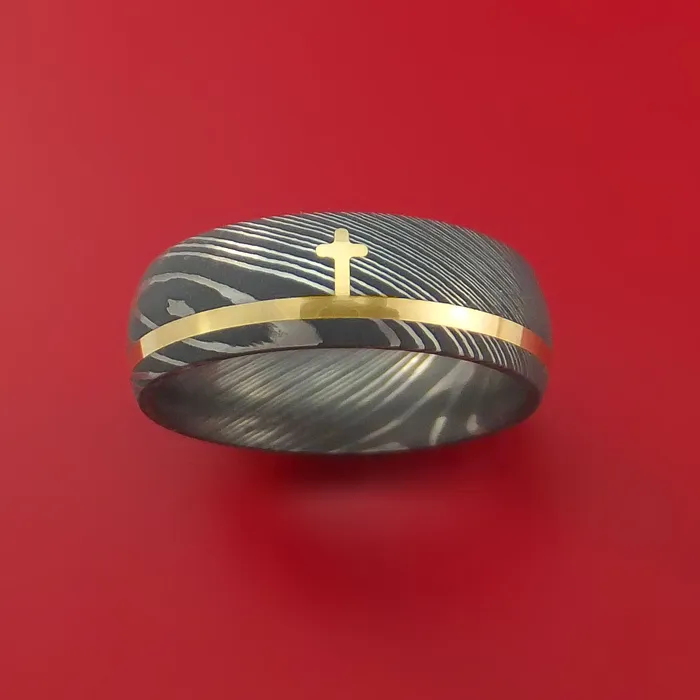 Lashbrook Rings Damascus Steel Ring with 14k Yellow Gold and 14k Yellow Gold Cross Inlays Custom Made Band Lashbrook Rings Damascus Steel Ring with 14k Yellow Gold and 14k Yellow Gold Cross Inlays Custom Made Band