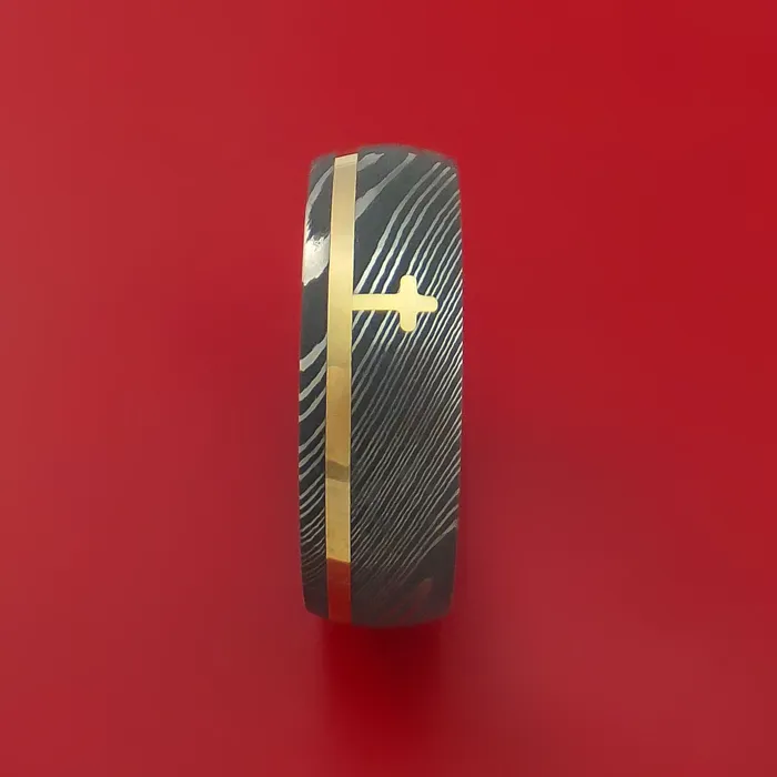 Lashbrook Rings Damascus Steel Ring with 14k Yellow Gold and 14k Yellow Gold Cross Inlays Custom Made Band Lashbrook Rings Damascus Steel Ring with 14k Yellow Gold and 14k Yellow Gold Cross Inlays Custom Made Band