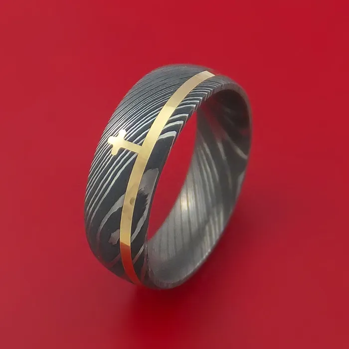 Lashbrook Rings Damascus Steel Ring with 14k Yellow Gold and 14k Yellow Gold Cross Inlays Custom Made Band Lashbrook Rings Damascus Steel Ring with 14k Yellow Gold and 14k Yellow Gold Cross Inlays Custom Made Band