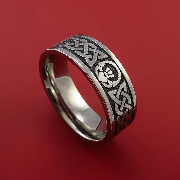 Lashbrook Rings Titanium Ring with Claddagh Etched Celtic Design Inlay Custom Made Band Lashbrook Rings Titanium Ring with Claddagh Etched Celtic Design Inlay Custom Made Band