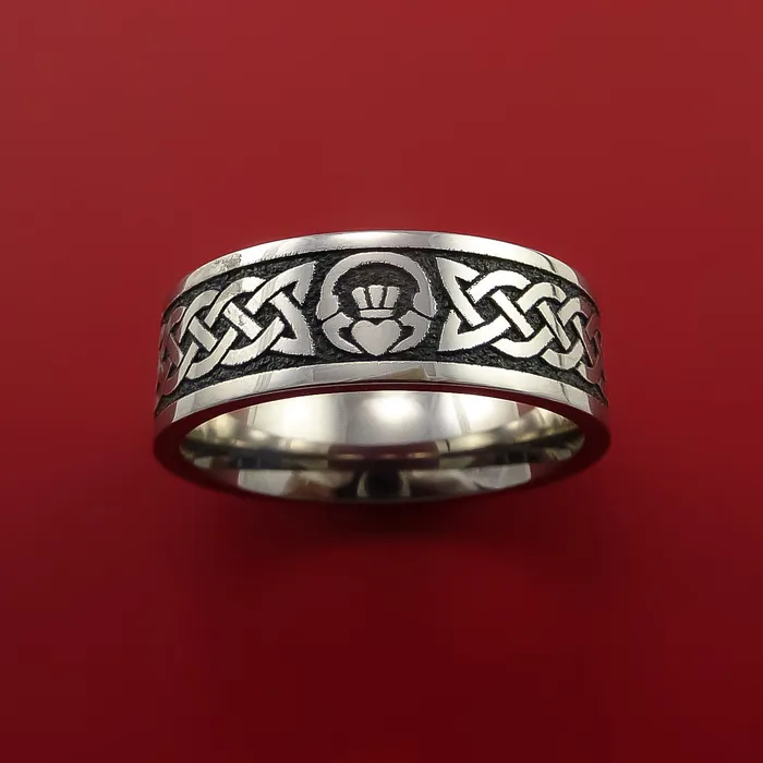 Lashbrook Rings Titanium Ring with Claddagh Etched Celtic Design Inlay Custom Made Band Lashbrook Rings Titanium Ring with Claddagh Etched Celtic Design Inlay Custom Made Band