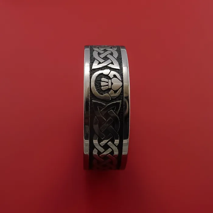 Lashbrook Rings Titanium Ring with Claddagh Etched Celtic Design Inlay Custom Made Band Lashbrook Rings Titanium Ring with Claddagh Etched Celtic Design Inlay Custom Made Band
