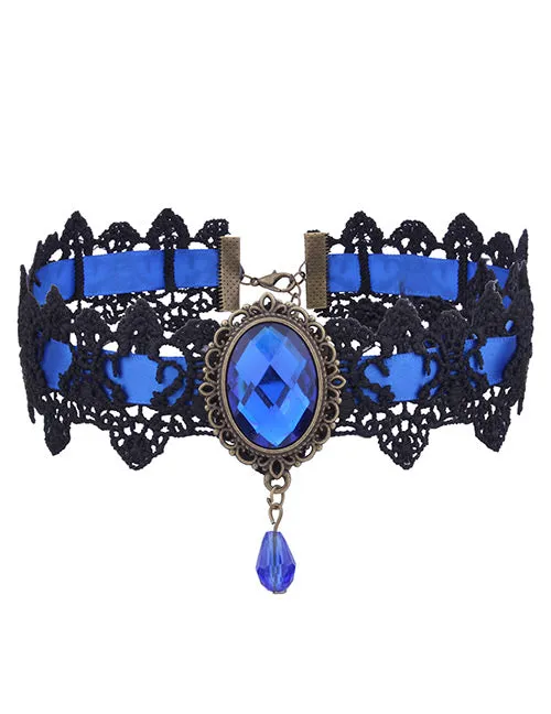 N105 Blue Gem Lace Choker Necklace with FREE Earrings Polly Necklaces