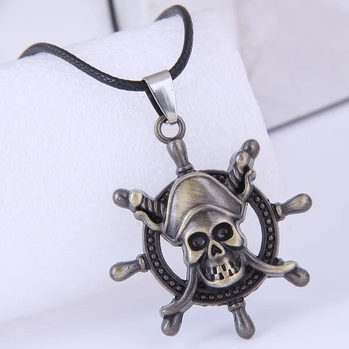 N1179 Gold Ship Wheel Pirate Skull on Leather Cord Necklace 01 Necklaces