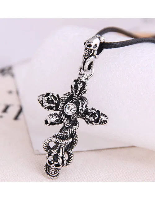 N1316 Silver Skull Snakes Cross on Leather Cord Necklace 02 Necklaces