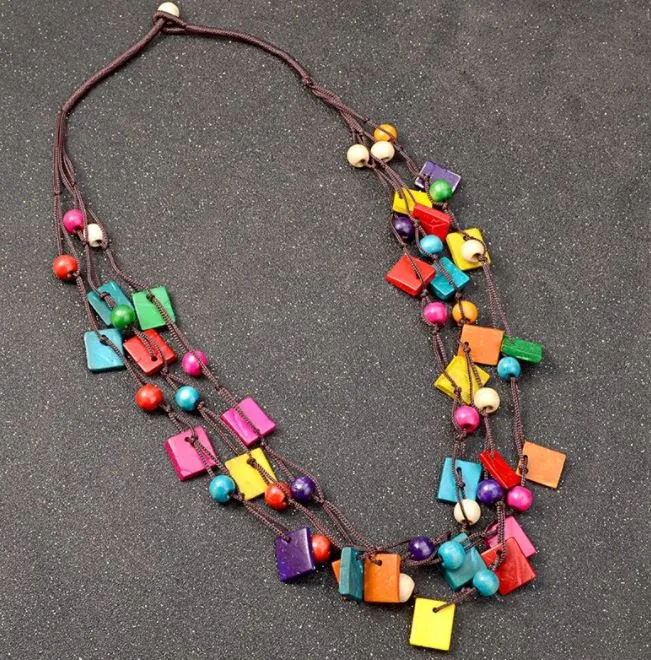 N1915 Multi Color Square Wooden Necklace with FREE EARRINGS polly Necklaces