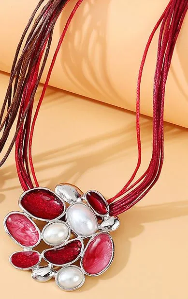 N198 Red Baked Enamel Pearl Design Cord Necklace with Free Earrings 02 Necklaces N198 Red Baked Enamel Pearl Design Cord Necklace with Free Earrings 02 Necklaces