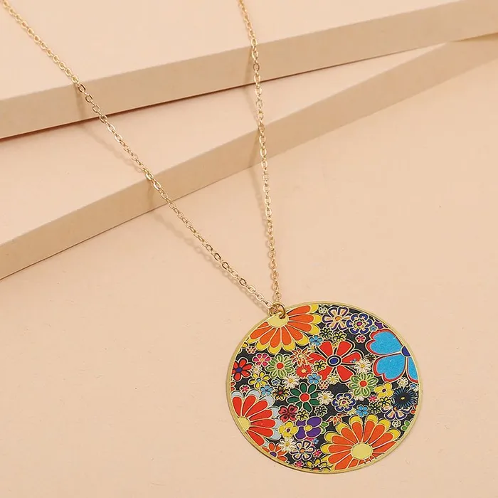 N263 Gold Round Metal Colorful Flowers Necklace with Free Earrings 01 Necklaces