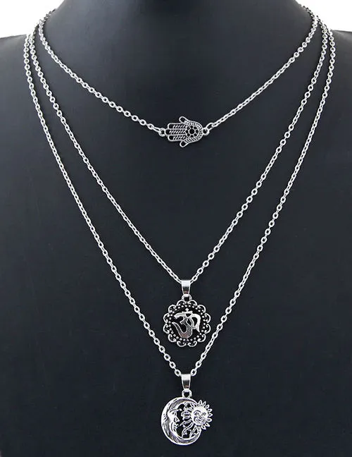 N444 Silver Multi Layer Sun Moon Necklace with FREE Earrings 02 Necklaces