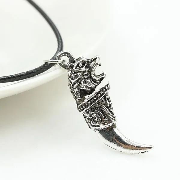 Necklaces 01 N1856 Silver Beast Tooth on Leather Cord Necklace