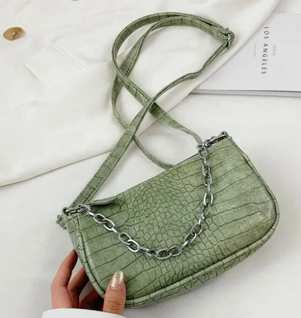 Necklaces 01 PB200 Sage Green Crocodile Print Chain Accent Shoulder Bag