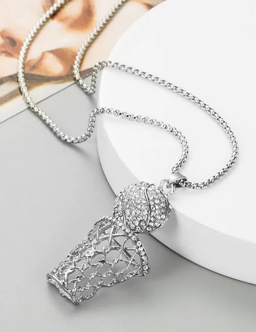 Necklaces 02 N746 Silver Basketball Hoop Necklace with FREE Earrings