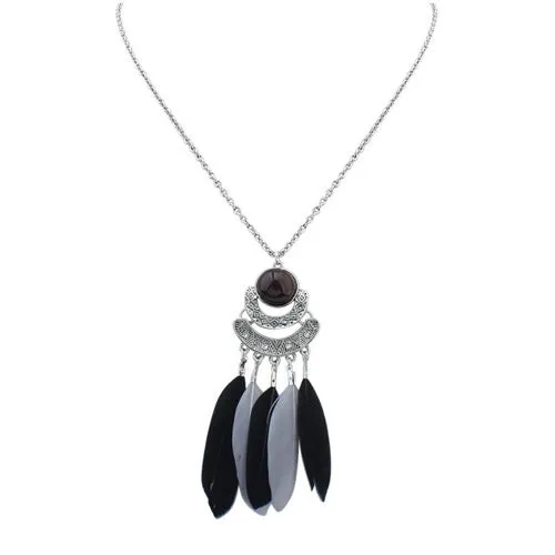 Necklaces 02 N786 Silver Black Feather Tassel Necklace with FREE Earrings