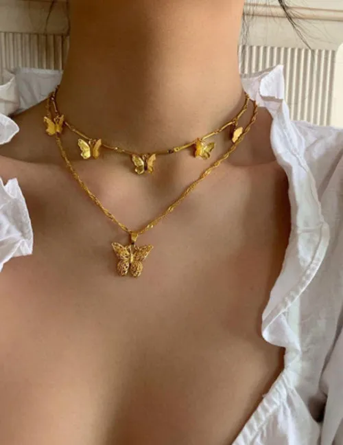 Necklaces 02 N79 Gold Butterfly Layer Necklace with FREE Earrings