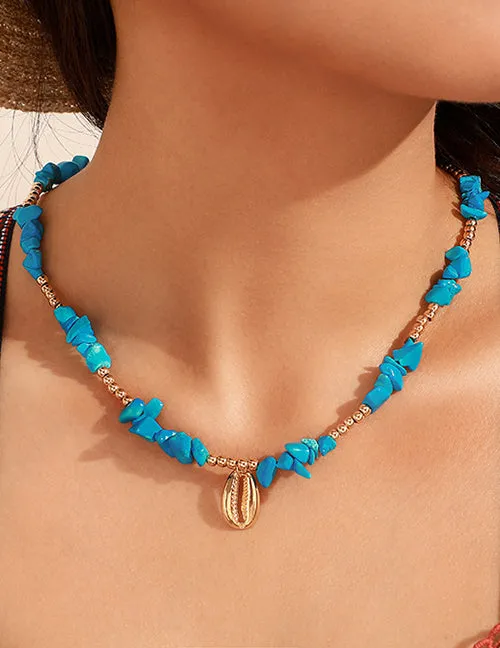Necklaces 02 N80 Gold Blue Stone with Shell Necklace with FREE Earrings