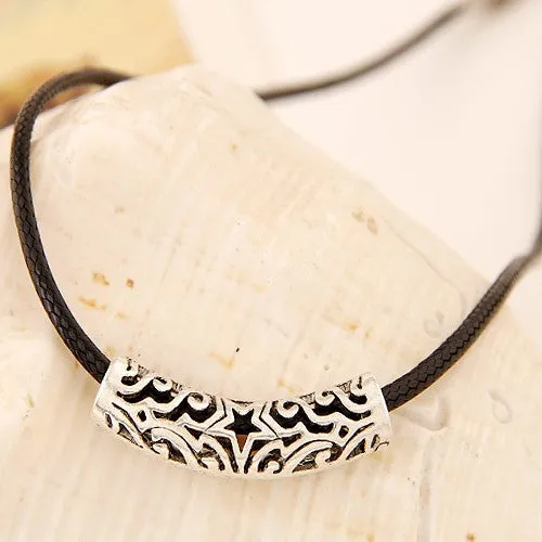 Necklaces 02 N831 Silver Hollow Star Bead Leather Cord Necklace