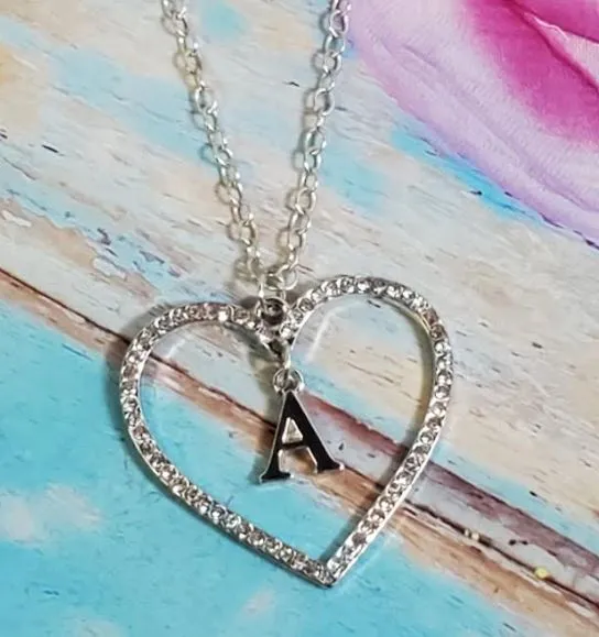 Necklaces AZ234 Silver Rhinestone Heart A Necklace with FREE Earrings alice