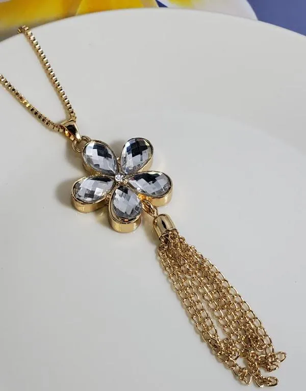 Necklaces AZ950 Gold Crystal Flower Tassel Necklace with FREE Earrings polly