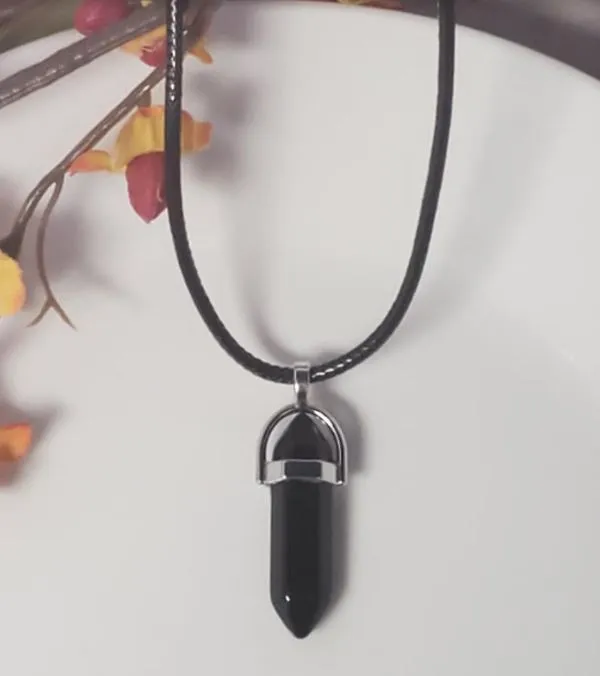  Necklaces N1159 Silver Black Imitation Stone on Leather Cord Necklace FREE Earrings