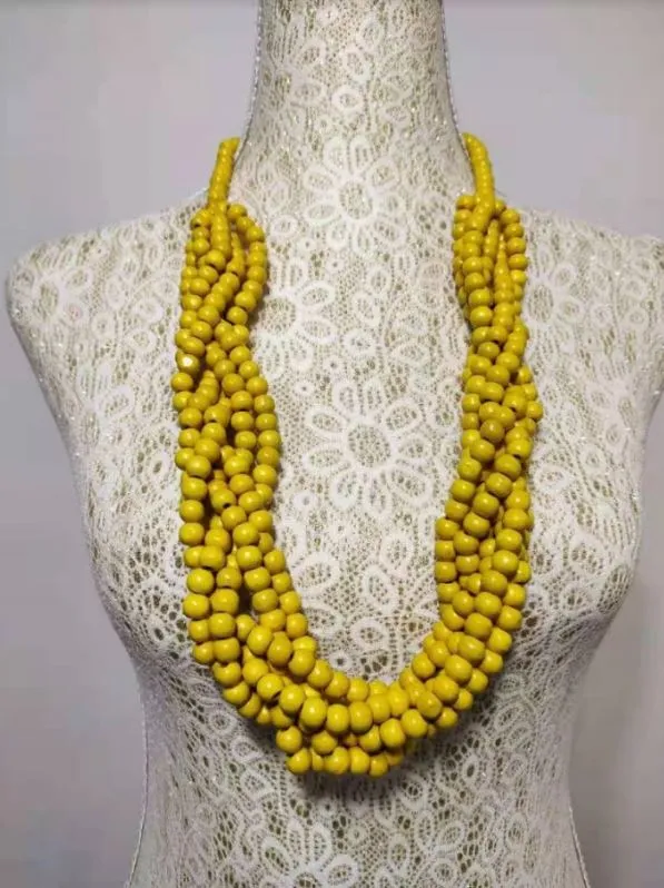 Necklaces N1164 Yellow Multi Strand Wooden Bead Necklace with FREE Earrings polly Necklaces N1164 Yellow Multi Strand Wooden Bead Necklace with FREE Earrings polly