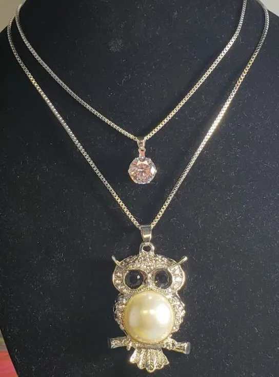 Necklaces N1540 Silver Rhinestone Pearl Owl Necklace with FREE Earrings polly