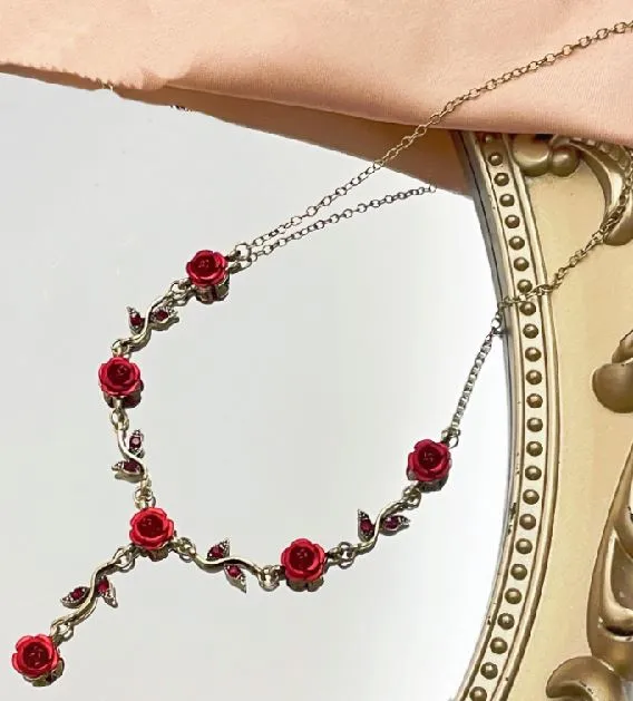 Necklaces N268 Gold Red Rose Necklace with FREE Earrings polly