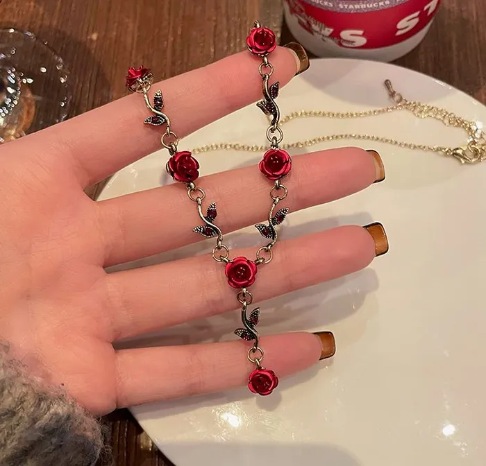 Necklaces N268 Gold Red Rose Necklace with FREE Earrings polly